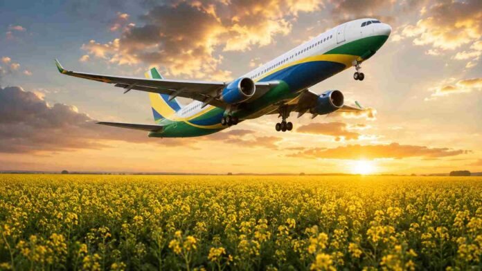 brasil-lidera-saf-argentina Avión comercial con colores de Brasil despegando sobre un campo de camelina en flor, materia prima utilizada para la producción de combustible sostenible de aviación (SAF).