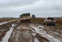 El 79% de los productores bonaerenses considera que los caminos rurales están en mal estado Camino rural de la provincia de Buenos Aires con barro y grandes huellas, mientras un camión y una camioneta avanzan con dificultad tras las lluvias.