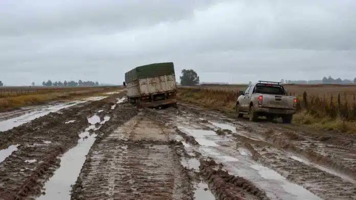 Camino rural de la provincia de Buenos Aires con barro y grandes huellas, mientras un camión y una camioneta avanzan con dificultad tras las lluvias.