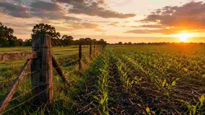 Campo agrícola con cultivo en desarrollo y alambrado rural al atardecer, en una imagen alusiva al debate sobre producción agropecuaria y protección ambiental.