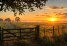 Menos campos disponibles: el mercado inmobiliario rural volvió a perder actividad en julio Tranquera de madera en un campo argentino al amanecer, con pastizales, árboles y luz dorada del sol sobre el horizonte.