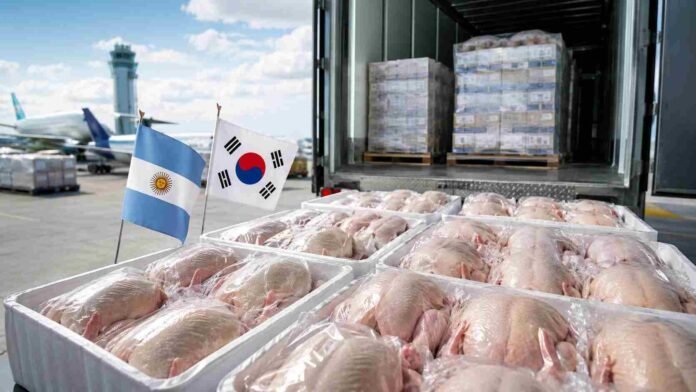 carne-aviar-argentina-corea-del-sur-exportaciones Carne aviar argentina preparada para exportación junto a las banderas de Argentina y Corea del Sur en un centro logístico.