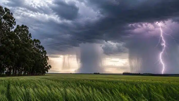 Tormenta con lluvias intensas y un relámpago sobre un campo de trigo en la región pampeana argentina.