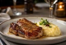 Proteínas completas y poca grasa: qué reveló un estudio sobre carne porcina Churrasco de paleta de cerdo con puré cremoso, servido en un plato de presentación gourmet en un restaurante elegante