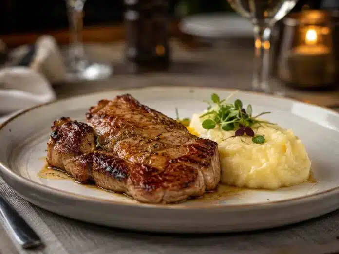 Churrasco de paleta de cerdo con puré cremoso, servido en un plato de presentación gourmet en un restaurante elegante