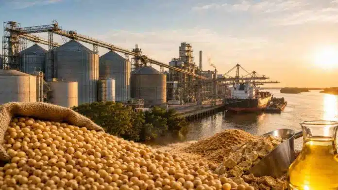 complejo-exportador-soja-santa-fe-2026 Complejo agroindustrial y portuario de Santa Fe con soja, harina, aceite y un buque de carga vinculados a las exportaciones del sector.