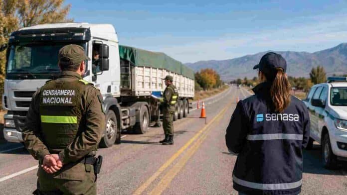 ersonal de SENASA y Gendarmería Nacional realiza controles a un transporte de agroalimentos en una ruta de la provincia de San Luis.