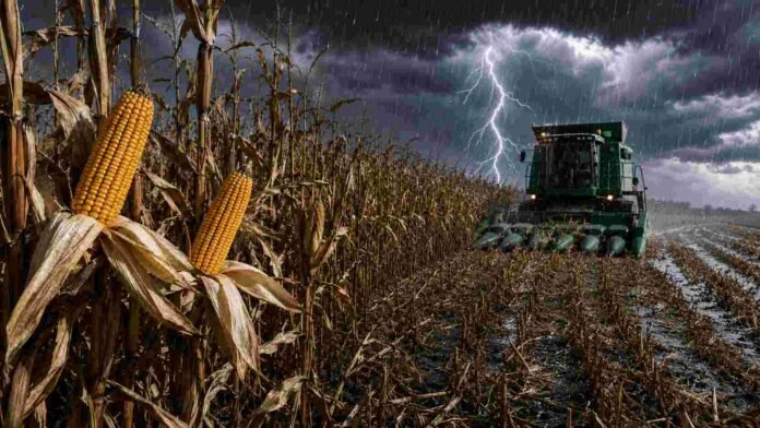 cosecha-maiz-tormenta-relampago-barro Cosechadora trabajando en un lote de maíz bajo una tormenta con lluvia intensa, relámpago, barro y charcos en el suelo.