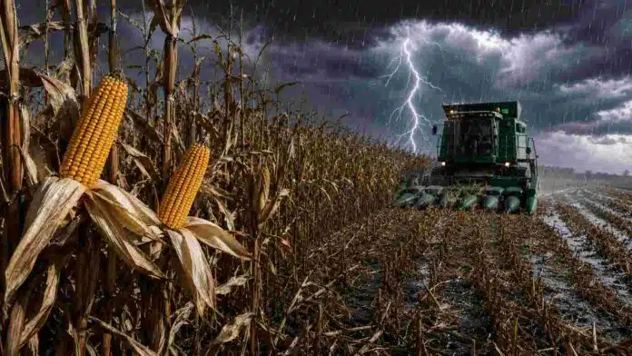 cosecha-maiz-tormenta-relampago-barro Cosechadora trabajando en un lote de maíz bajo una tormenta con lluvia intensa, relámpago, barro y charcos en el suelo.