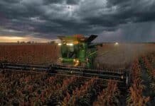Sorgo: la cosecha está por finalizar y solo restan lotes en el sur bonaerense y La Pampa Cosechadora trabajando en un lote de sorgo bajo un cielo cubierto por nubes de tormenta en el campo argentino.