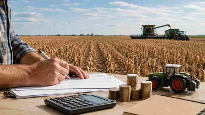 credito-agro-financiamiento-produccion-agricola Productor gestionando financiamiento frente a un campo en cosecha, con maquinaria agrícola y monedas como representación del crédito al agro.
