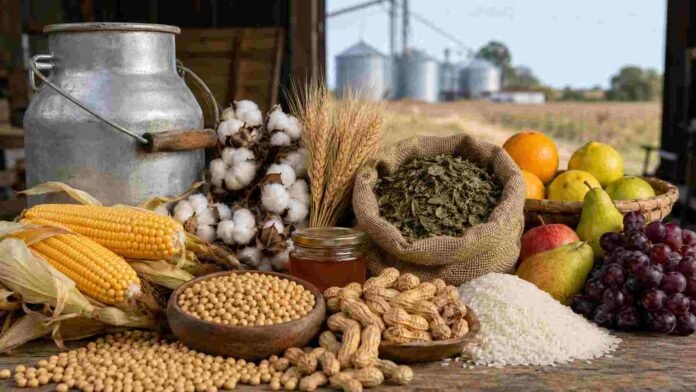 Producciones agropecuarias y regionales de Argentina representadas por granos, leche, algodón, yerba mate, frutas, arroz, miel y maní.