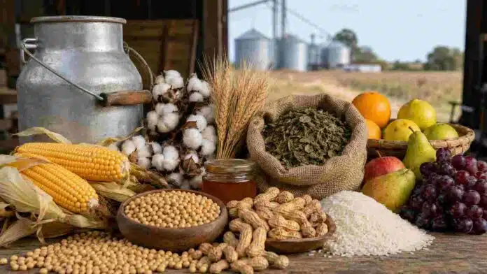 economias-regionales-semaforo-junio-2026 Producciones agropecuarias y regionales de Argentina representadas por granos, leche, algodón, yerba mate, frutas, arroz, miel y maní.