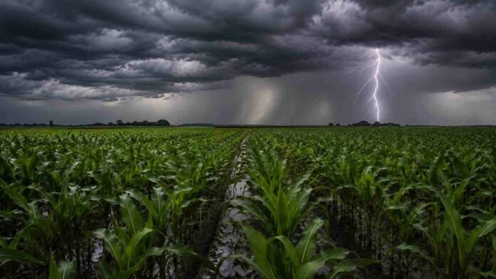 el-nino-campo-maiz-lluvias-argentina Campo de maíz con surcos anegados bajo una intensa tormenta, con nubes oscuras, cortina de lluvia y un fuerte relámpago sobre el horizonte