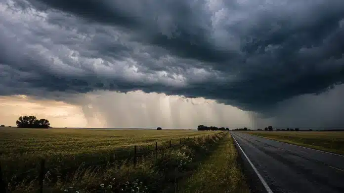 el-nino-lluvias-intensas-litoral Frente de tormenta con lluvias intensas avanzando sobre un campo y una ruta rural del Litoral argentino.