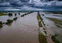 Entre Ríos declaró la emergencia hídrica en toda la provincia por El Niño Vista aérea de campos inundados en Entre Ríos bajo un cielo de tormenta, tras la declaración de emergencia hídrica.