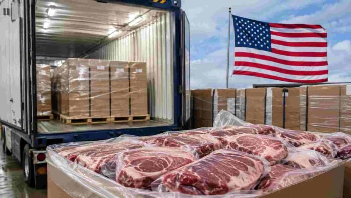 Cajas de carne vacuna envasada para exportación frente a un contenedor de carga refrigerado, con una bandera de Estados Unidos al fondo.