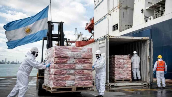 Carga de carne vacuna argentina en contenedores refrigerados para su exportación desde un puerto.