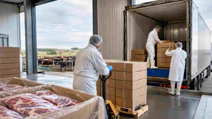 exportaciones-carne-bovina-argentina-2026 Operarios cargan cajas de carne bovina en un transporte refrigerado para exportación desde una planta frigorífica argentina.
