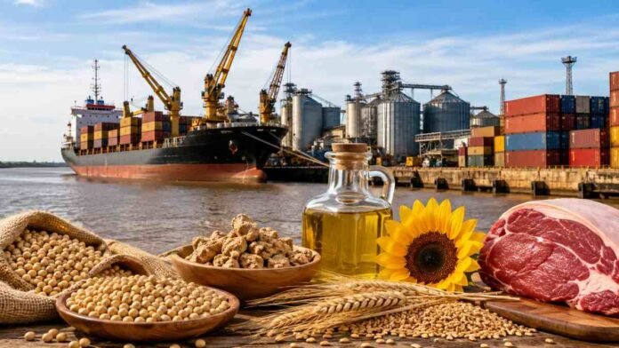 exportaciones-santa-fe-puerto-agro-2026 Exportaciones de Santa Fe con soja, trigo, aceite, girasol y carne bovina frente a un puerto de cargas.