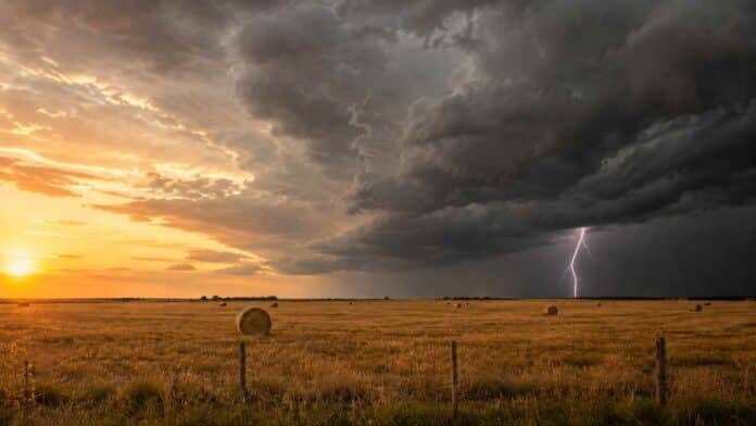 Frente de tormenta con un relámpago sobre un campo de la llanura pampeana al atardecer.