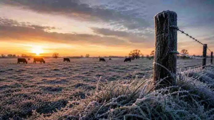 frio-extremo-campo-buenos-aires Campo de la provincia de Buenos Aires cubierto de escarcha al amanecer, con ganado pastando durante una jornada de frío extremo.