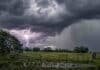 Regresan las tormentas a cinco provincias: prevén granizo y hasta 50 mm Tormenta fuerte sobre un campo rural del norte argentino, con nube oscura, cortina de lluvia, relámpago y árboles inclinados por el viento.