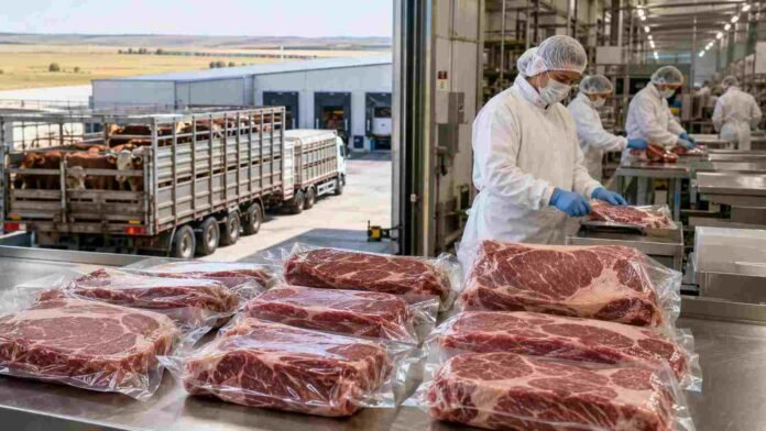 industria-carnica-argentina-frigorifico-2026 Planta frigorífica de la industria cárnica argentina con operarios procesando y envasando cortes de carne vacuna