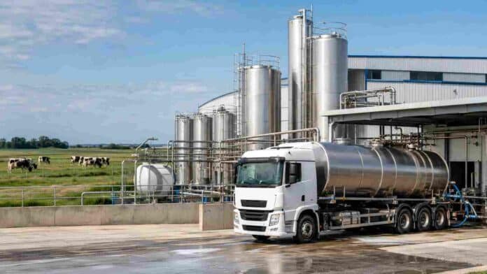 industria-lactea-argentina-ranking-empresas Planta industrial láctea con camión cisterna, tanques de procesamiento y vacas lecheras en el entorno productivo.