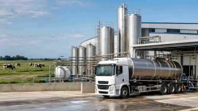Planta industrial láctea con camión cisterna, tanques de procesamiento y vacas lecheras en el entorno productivo.
