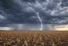 Lluvias e inestabilidad afectan al centro del país este fin de semana Relámpago bifurcado y cortinas de lluvia sobre un rastrojo de maíz en la región pampeana.