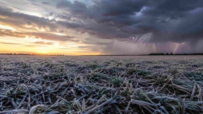 Campo de trigo con escarcha mientras una tormenta se aleja sobre el horizonte en la región pampeana argentina.