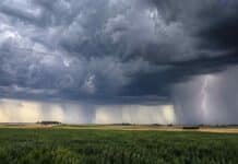 Lluvias y tormentas en 9 provincias: serán fuertes en Entre Ríos Tormenta con intensas cortinas de lluvia y un fuerte relámpago sobre campos agrícolas de la Argentina