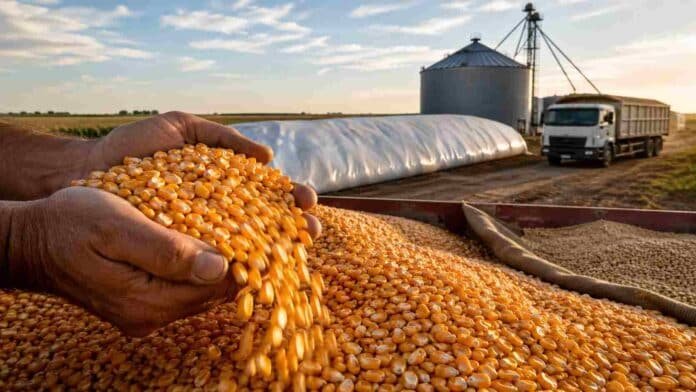 maiz-venta-retencion-granos-mercado-argentino-ruralnet Manos de un productor sostienen granos de maíz junto a un silo bolsa, un silo metálico y un camión cerealero en un establecimiento rural argentino