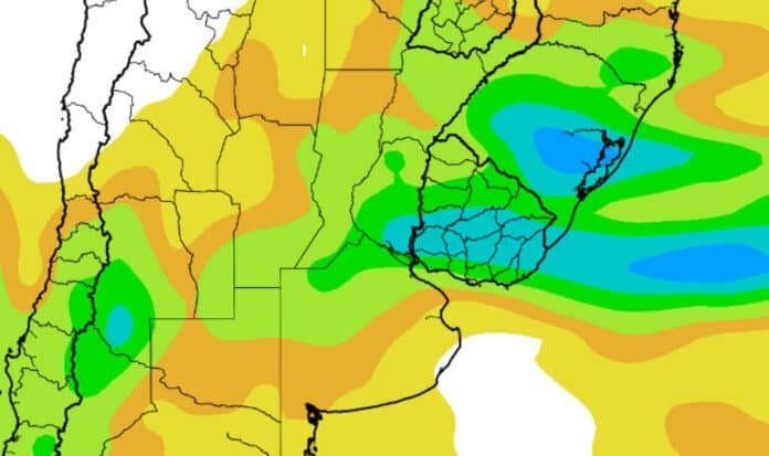 Mapa del pronóstico de lluvias para la Argentina y países limítrofes entre el jueves 27 y el sábado 29 de agosto