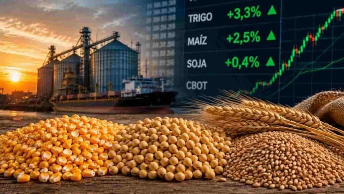 mercado-granos-maiz-soja-trigo-chicago-agosto-2026 Maíz, soja y trigo en primer plano con referencias visuales al mercado internacional de granos durante el cierre de la semana.