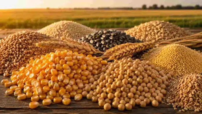mercado-granos-soja-maiz-trigo Granos de soja, maíz, trigo y otros cultivos dispuestos sobre una mesa con un campo agrícola de fondo.