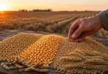 Granos: el nuevo WASDE movió al mercado: maíz y soja mejoraron y Chicago cerró en alza Soja, maíz y trigo dispuestos sobre una mesa de campo durante una jornada del mercado de granos.