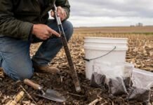 Suelo bajo la lupa: cómo medir el carbono y construir una línea de base del lote Muestreo de suelo con barreno para medir carbono orgánico en un lote agrícola.