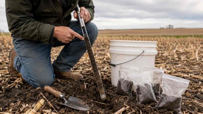 muestreo-carbono-organico-suelo-aapresid Muestreo de suelo con barreno para medir carbono orgánico en un lote agrícola.
