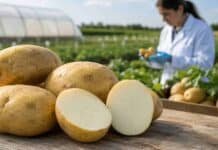 Una papa desarrollada por el INTA evita moretones y abre una nueva etapa para el mejoramiento genético Papas OLI INTA cortadas y enteras durante una evaluación de calidad, variedad desarrollada mediante edición génica por el INTA Balcarce.