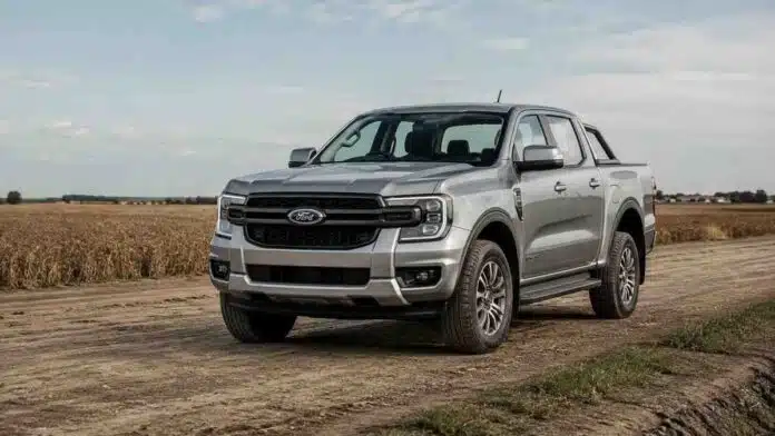 Pick-up Ford estacionada sobre un camino rural junto a un campo agrícola.