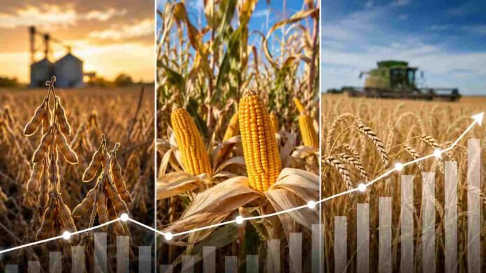 precios-soja-maiz-trigo-maximos-mercado Soja, maíz y trigo en campos agrícolas con una gráfica ascendente que representa la suba de los precios de los principales granos.