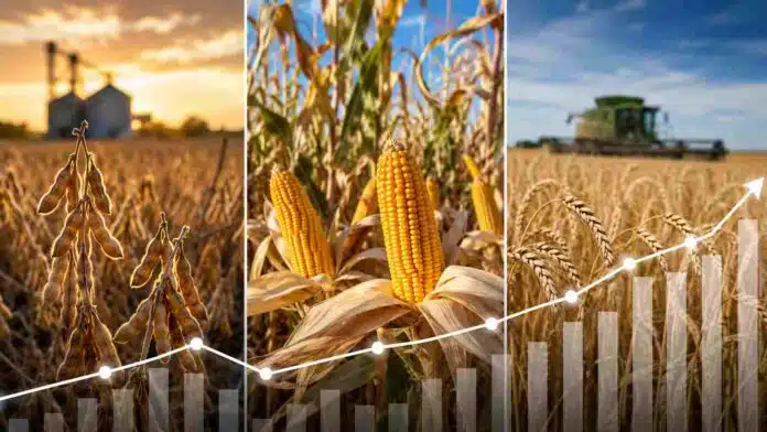 Soja, maíz y trigo en campos agrícolas con una gráfica ascendente que representa la suba de los precios de los principales granos.