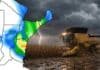 Pronóstico de lluvias hasta el 31 de agosto Pronóstico de lluvias sobre Argentina junto a una cosechadora de maíz trabajando bajo un cielo de tormenta con relámpagos