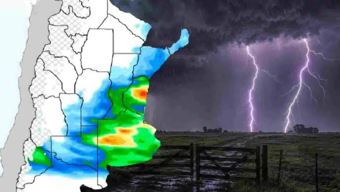 pronostico-lluvias-argentina-17-agosto Mapa del pronóstico de lluvias en Argentina junto a una tormenta con lluvias intensas y relámpagos sobre un campo.
