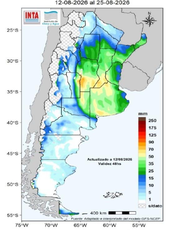 Pronóstico de lluvias acumuladas en Argentina del 12 al 25 de agosto de 2026, con mayores registros previstos en el centro, norte y región Pampeana