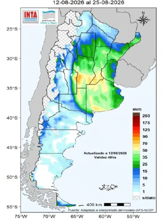 Pronóstico de lluvias acumuladas en Argentina del 12 al 25 de agosto de 2026, con mayores registros previstos en el centro, norte y región Pampeana