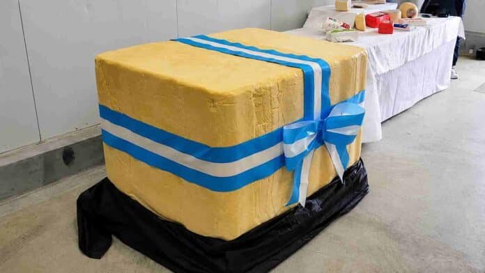 queso-1000-kilos-villa-maria-subasta-solidaria Queso de 1.000 kilos elaborado en Villa Nueva, decorado con cintas celestes y blancas para su subasta solidaria.