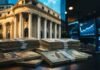 Las reservas superaron los USD 50.000 millones y el mercado sigue de cerca las tasas Pilas de fajos de dólares frente a un edificio financiero y pantallas de mercado, en una imagen ilustrativa sobre las reservas del BCRA y las tasas de interés.